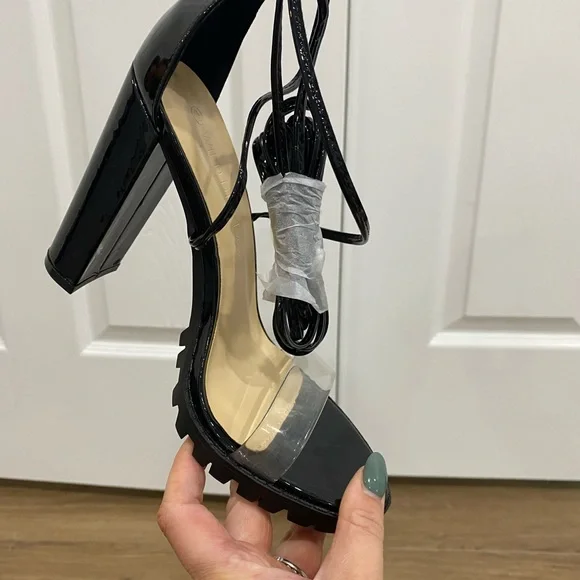 NWT Black heels with acrylic strap and leg ties - Picture 3 of 5